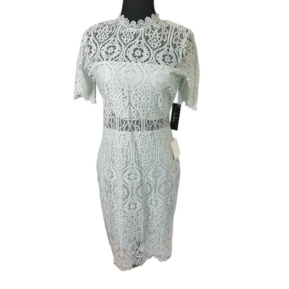 NWT Lulus Mint Blue Sheer Lace Office Siren Shortsleeve Mini Dress M Bodycon - Picture 3 of 13